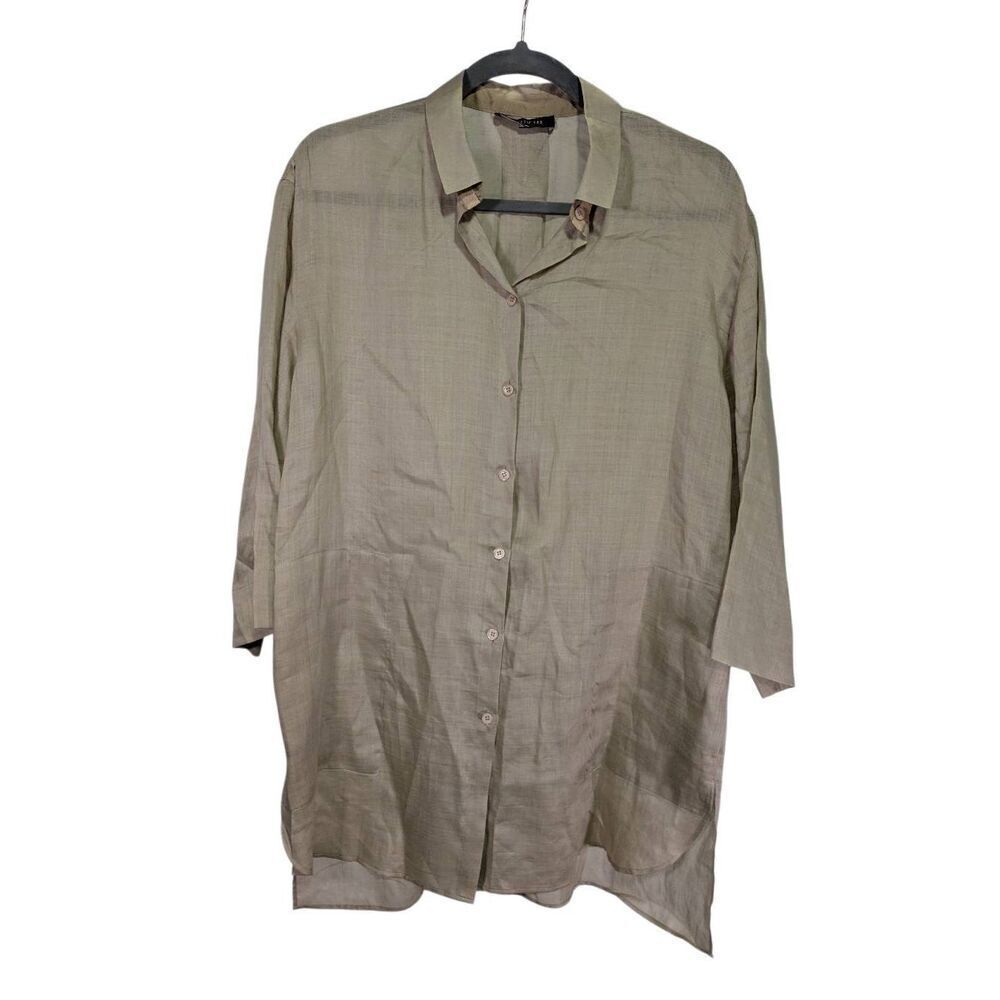 Lafayette 148 Button-Down Tunic Ramie-Blend Fabric Tab Sleeve Side Slit Shirt ta